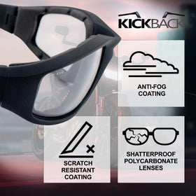 Global Vision worn on motorcycle showing helmet compatibility and wind protection