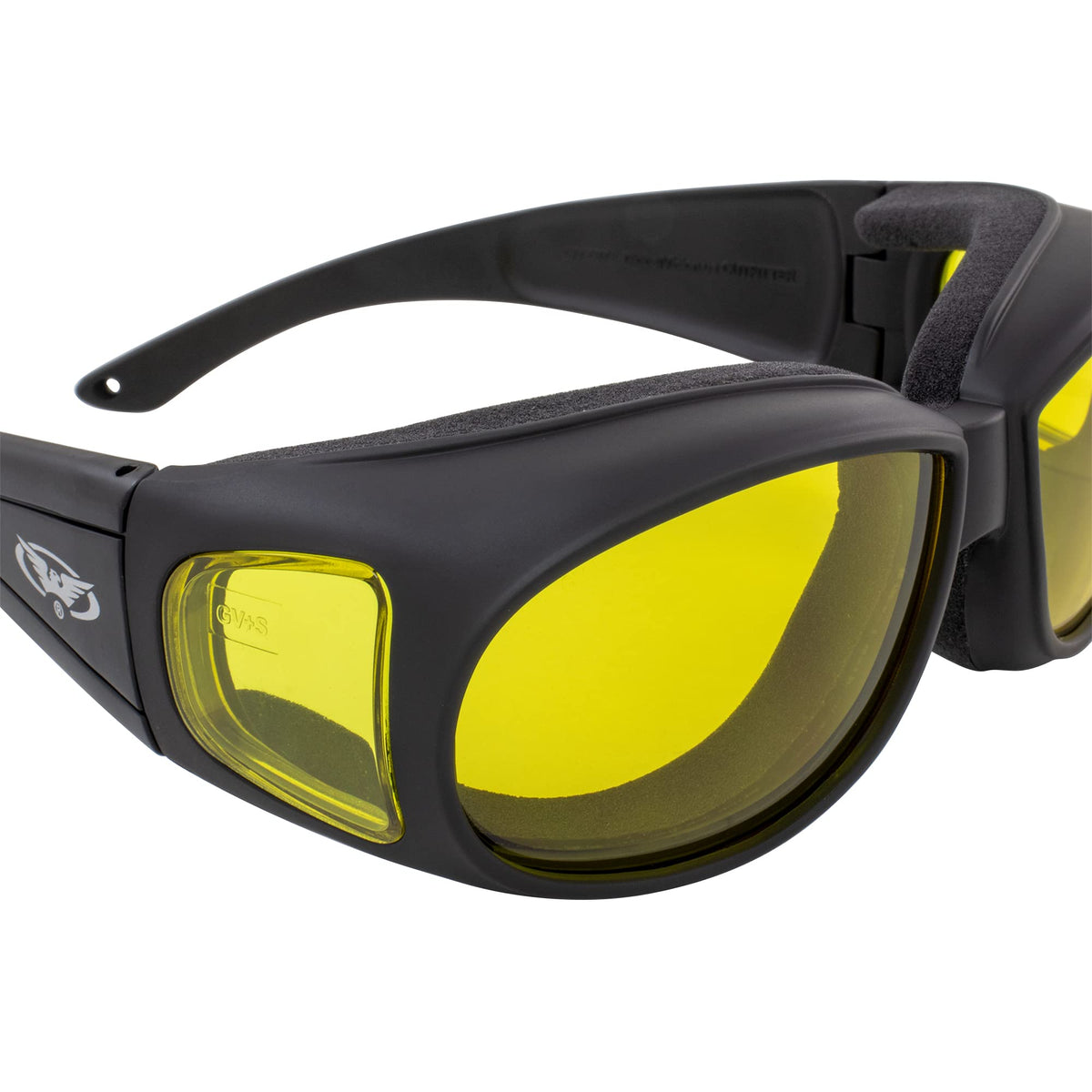 Global Vision rider wearing goggles on motorcycle showing wind and debris protection
