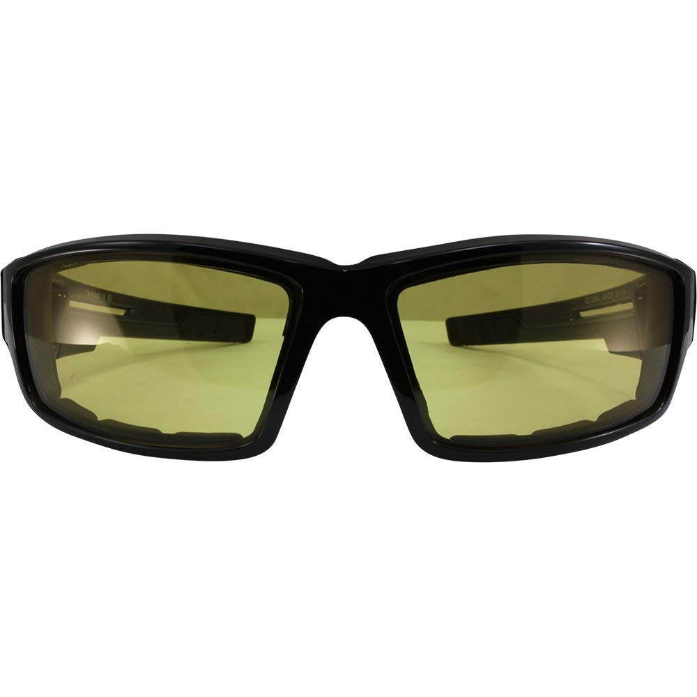 Global Vision sunglasses worn under helmet demonstrating compact, helmet-friendly benefit
