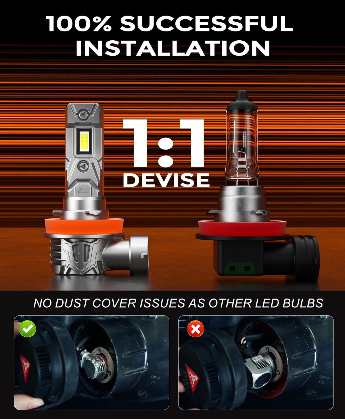GloDrv H-11 installed in vehicle fog housing improving night visibility