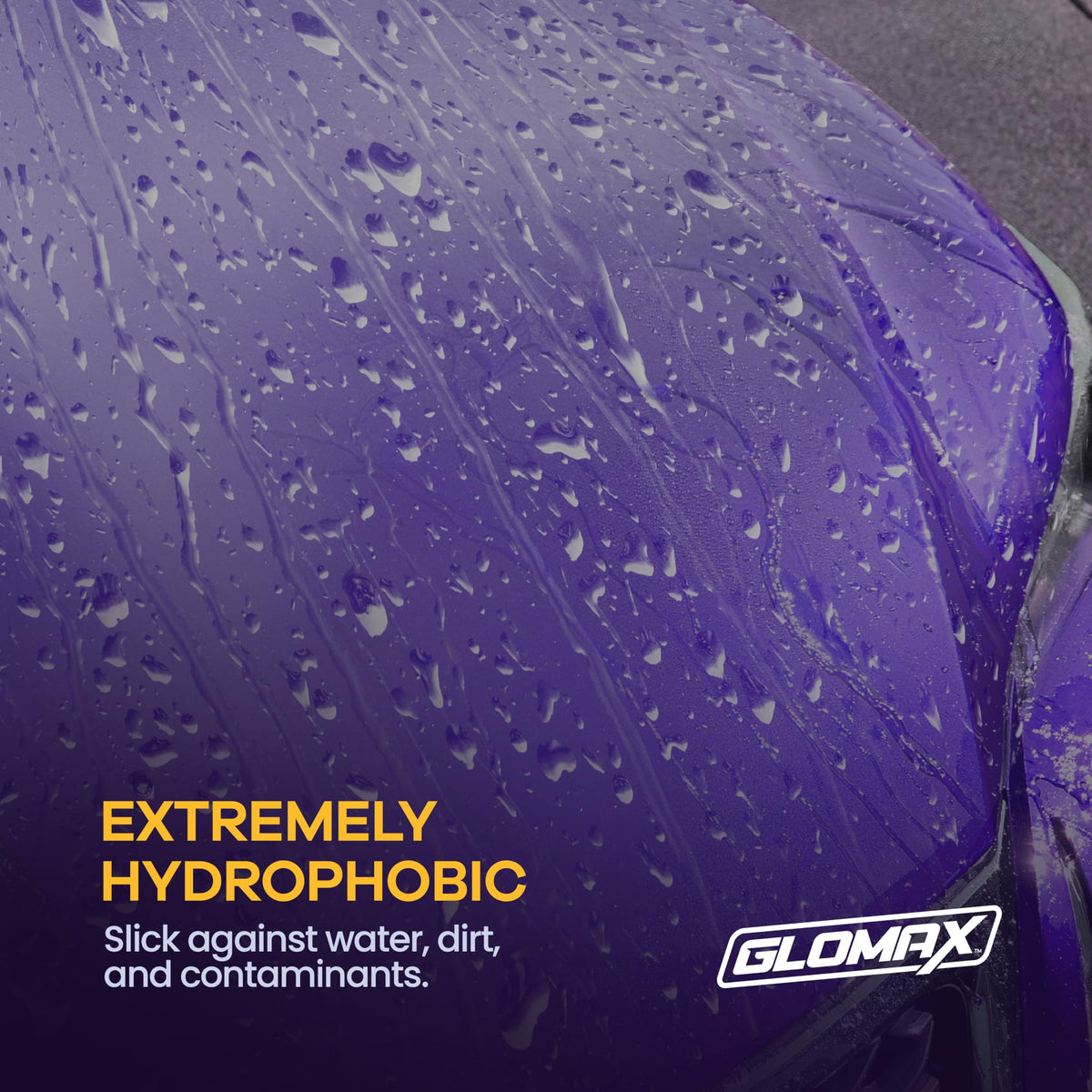 GLOMAX microfiber buffing action showing easy spread and fast shine benefit