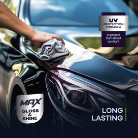 GLOMAX spray application close-up on car panel, precise coverage benefit