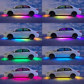 Glowlendra installed under an SUV demonstrating colorful underglow effect