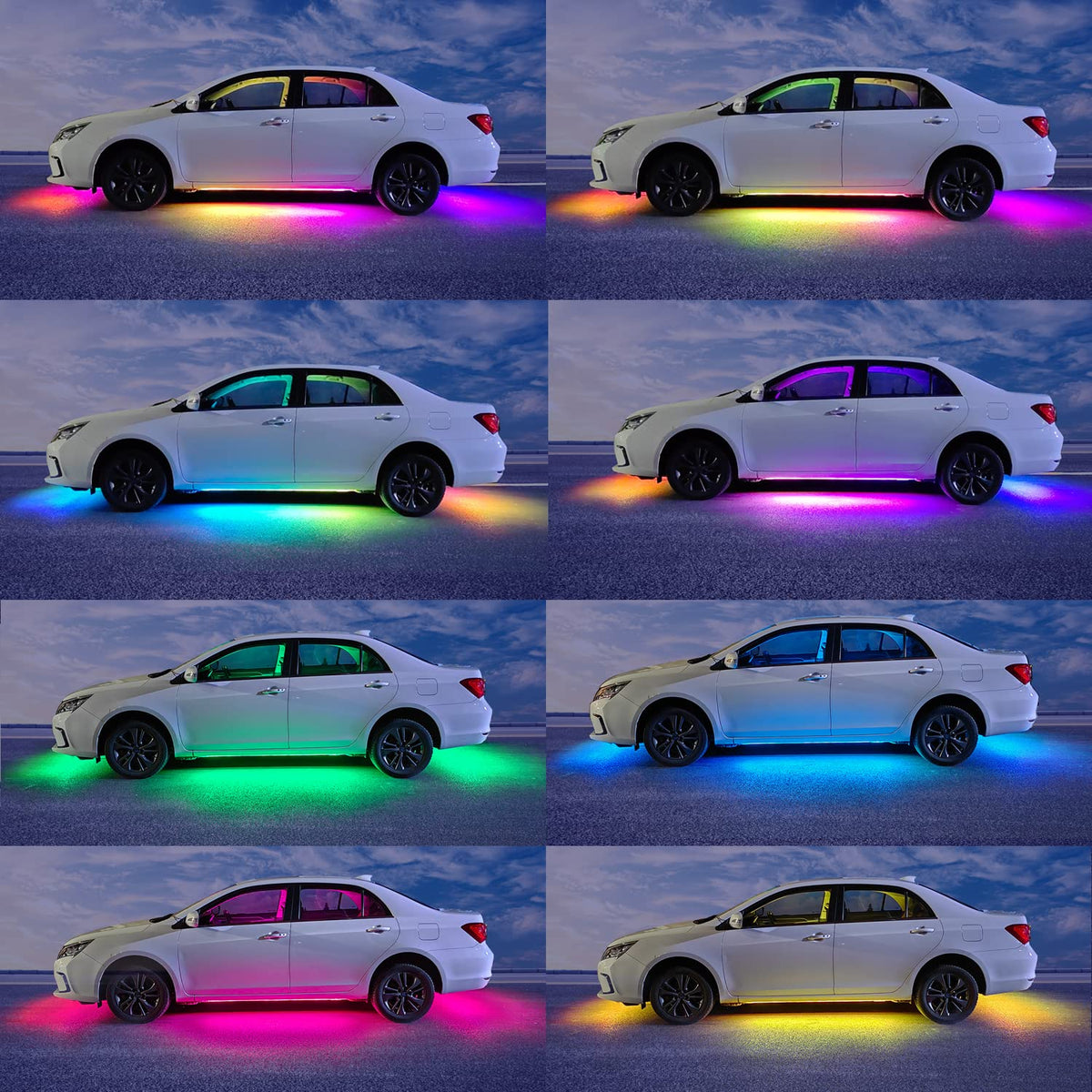 Glowlendra installed undercarriage lighting on car showing vibrant chase effects