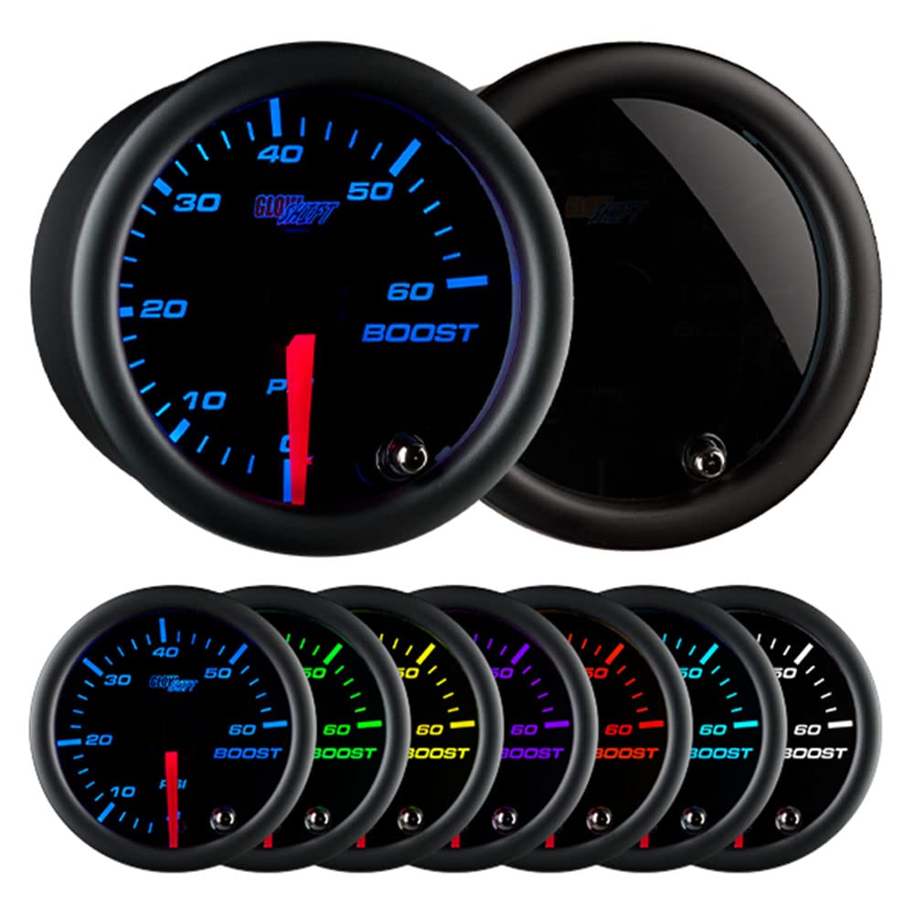 GlowShift front view of boost gauge showing clear dial and trim for easy reading