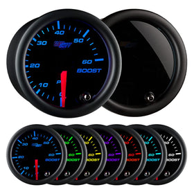 GlowShift front view of boost gauge showing clear dial and trim for easy reading