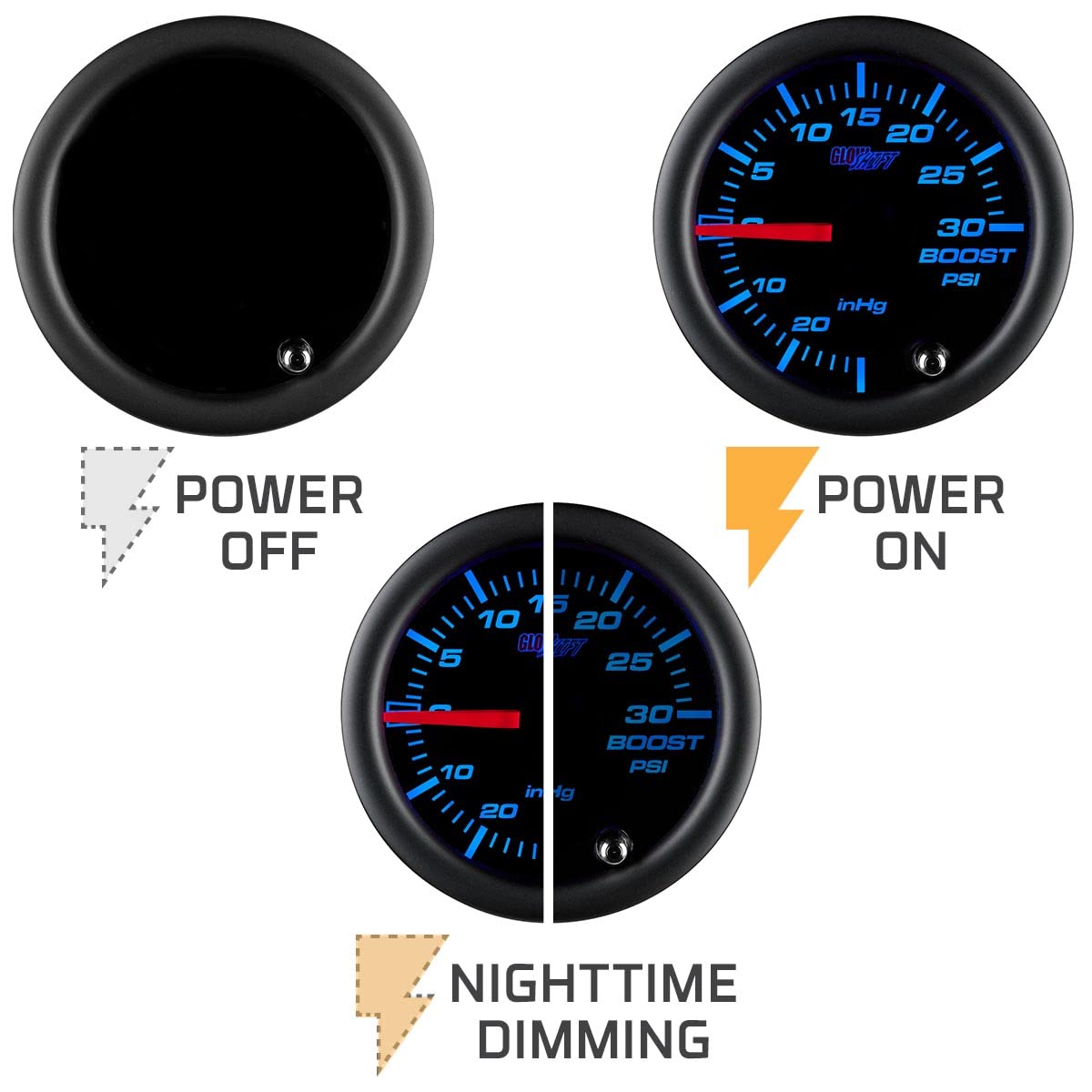 GlowShift gauge beside a ruler showing 2-1/16 inch 52mm scale for fitment
