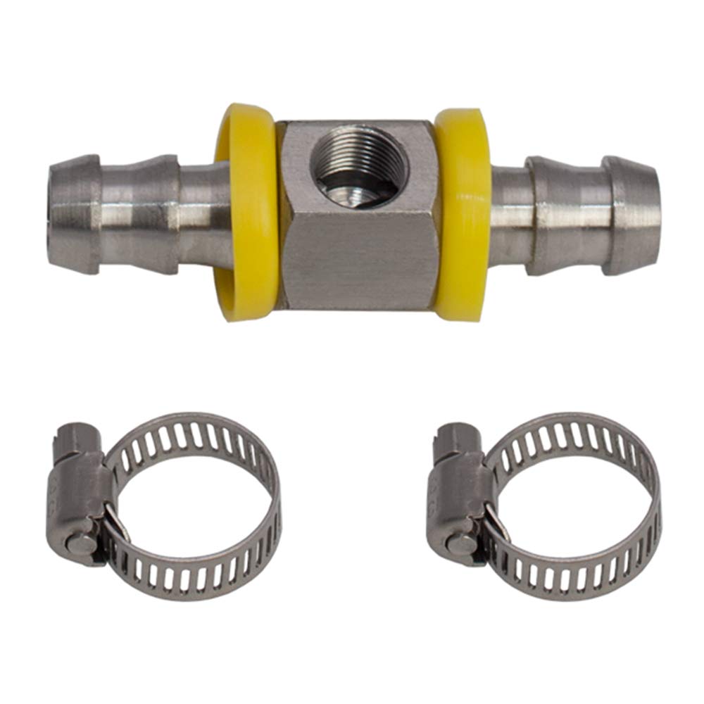 GlowShift front view of stainless steel T-fitting showing sensor port and barbs, durable construction benefit