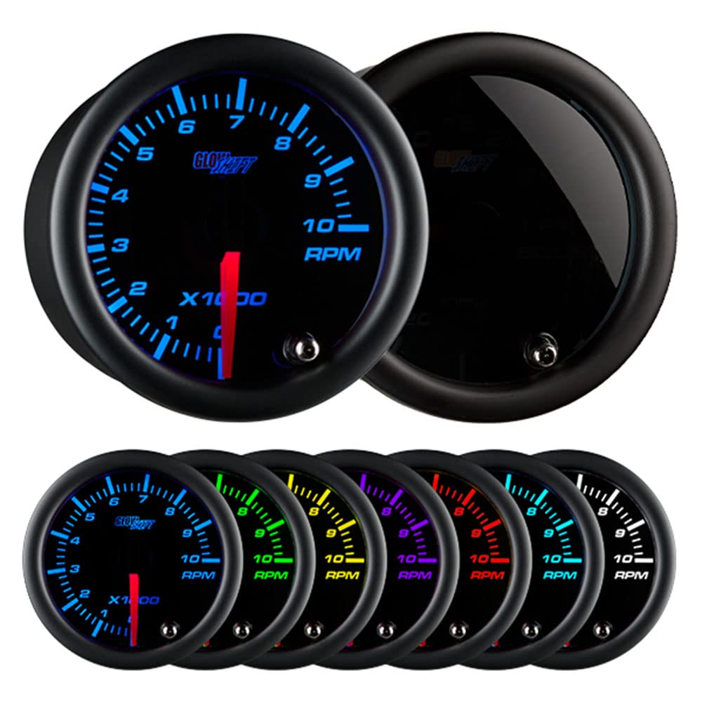 GlowShift tachometer front face showing clear scale and color options for quick readings