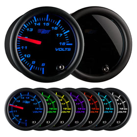 GlowShift front view of voltmeter gauge showing clear dial and needle, easy monitoring