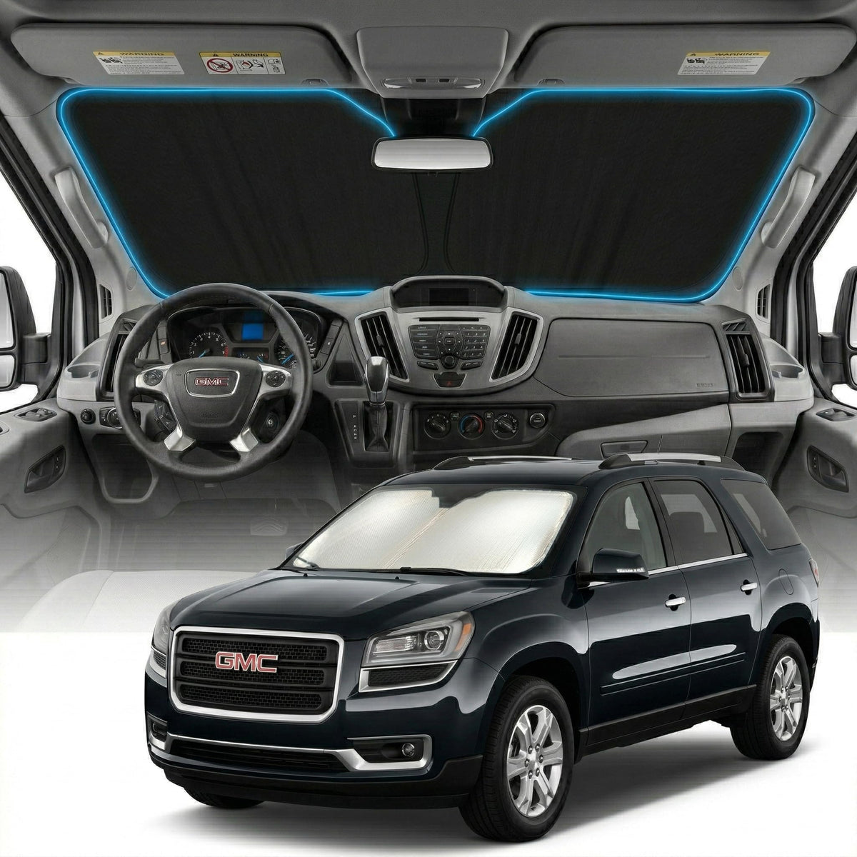 GLSBRCAO front view of sun shade showing full windshield coverage and fit benefit