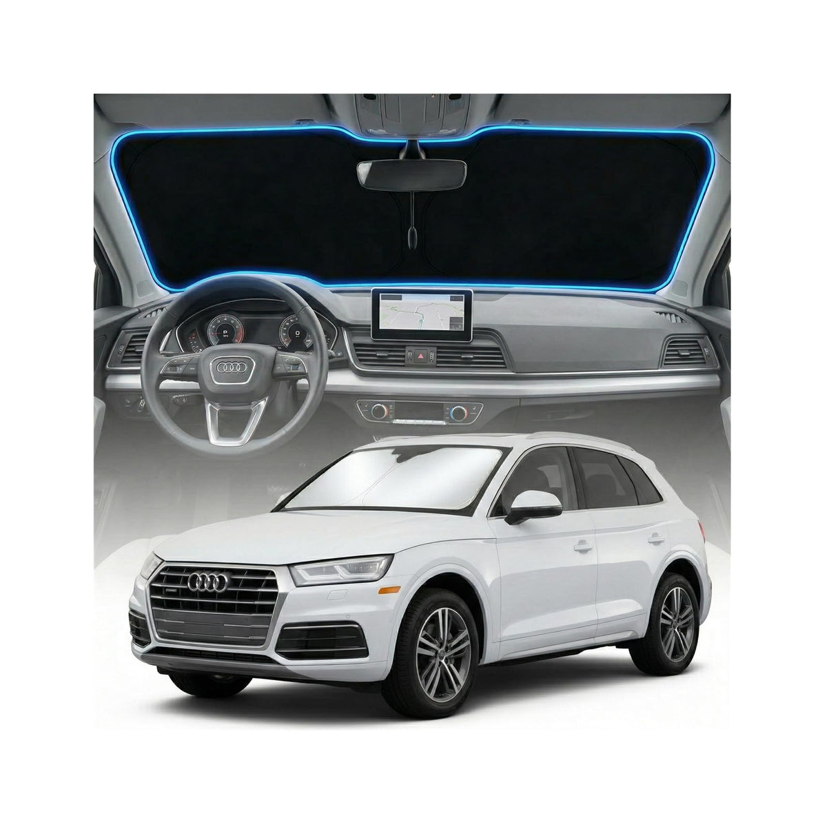 GLSBRCAO front view of sun shade packaging showing custom-fit benefits