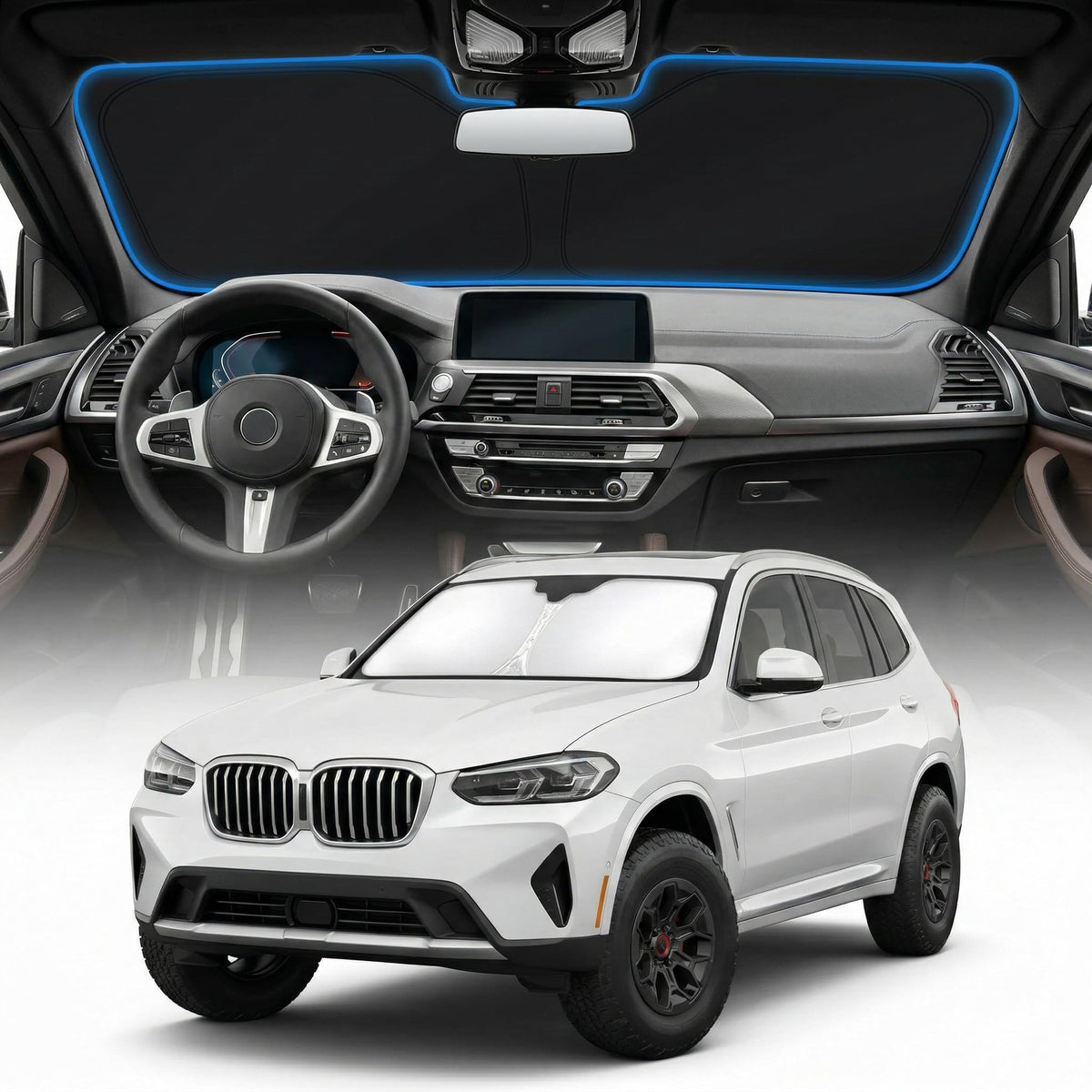GLSBRCAO sunshade front view showing full windshield coverage and cooling benefit