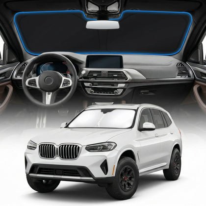 GLSBRCAO sunshade front view showing full windshield coverage and cooling benefit
