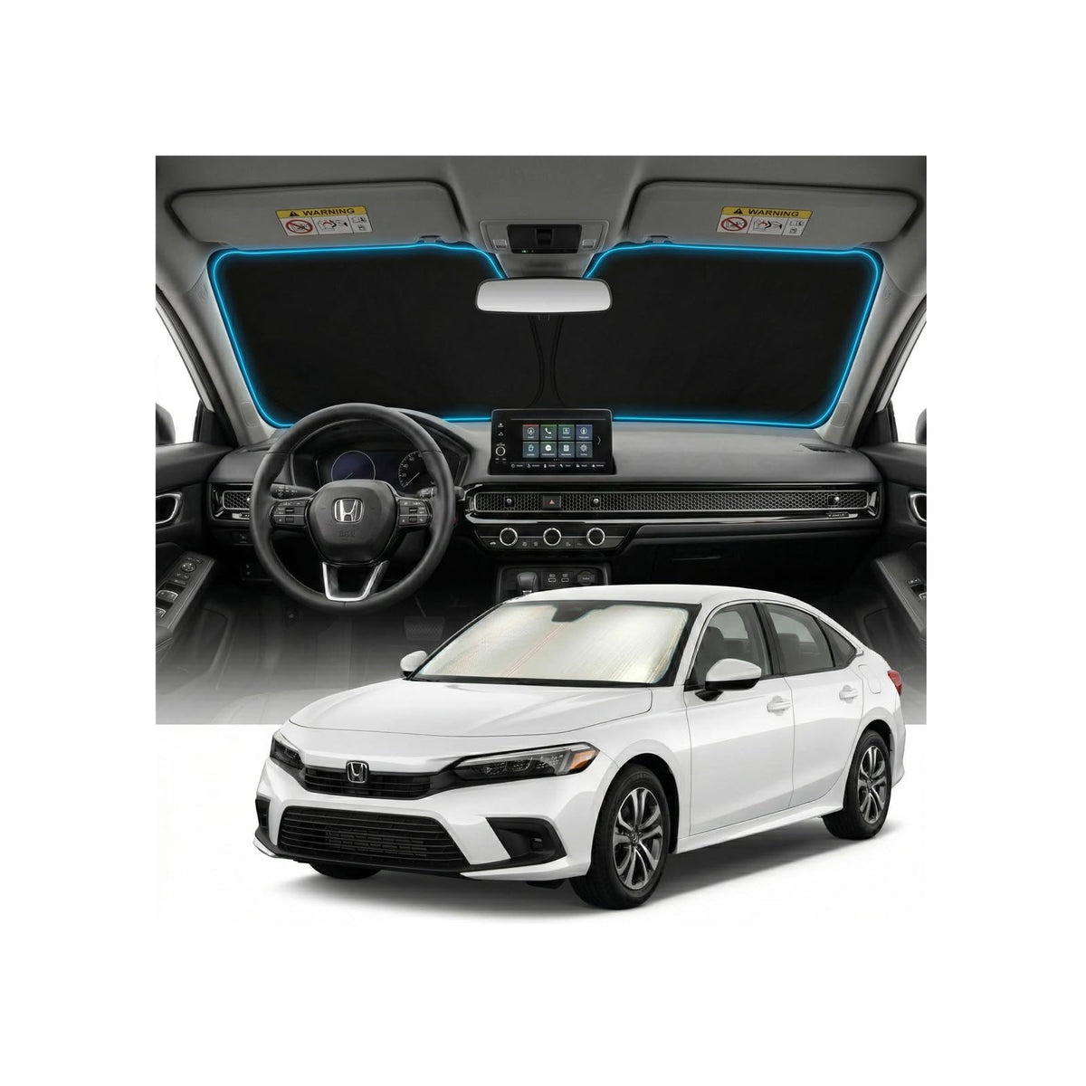 GLSBRCAO front view sunshade fitted to Honda Civic windshield for full coverage and cooling