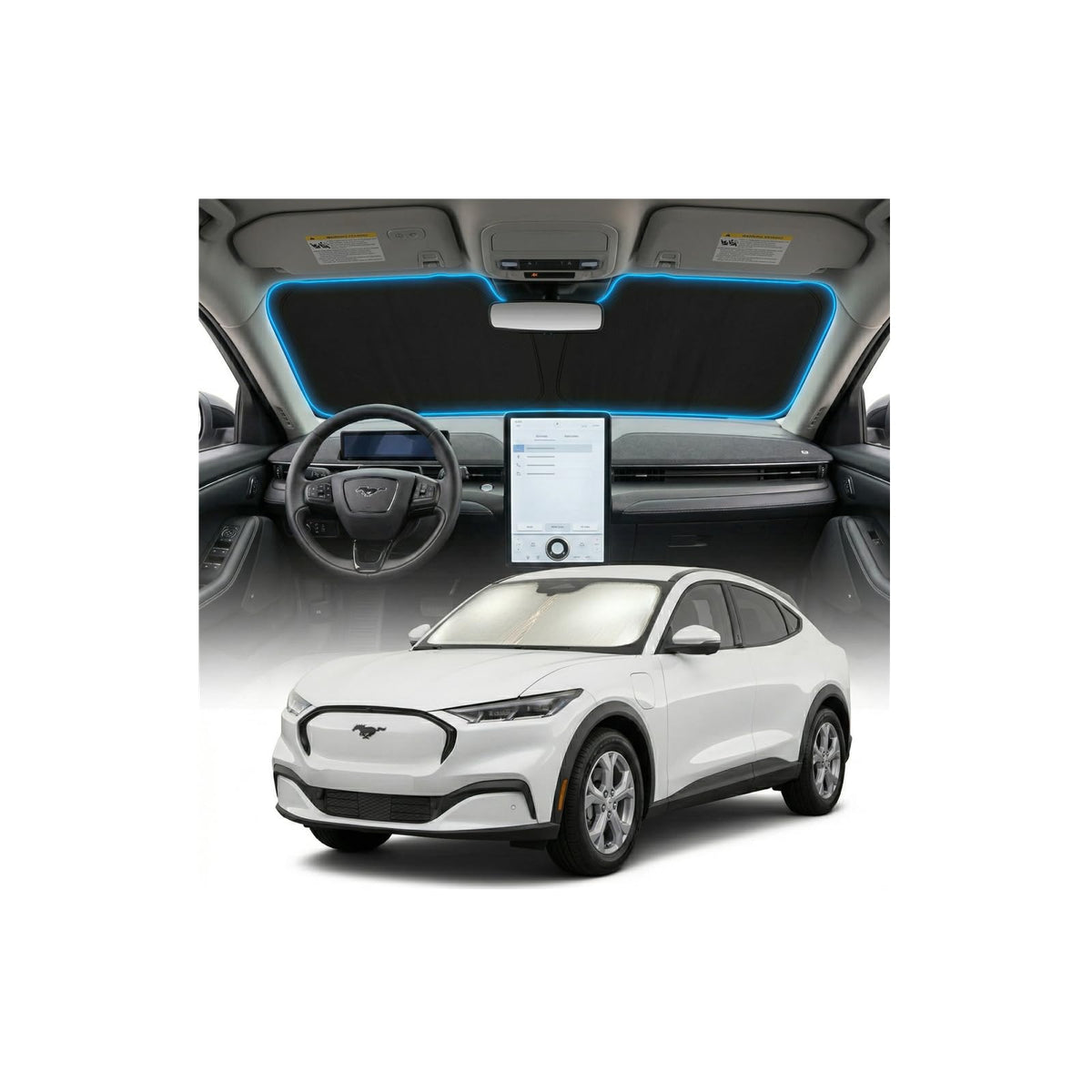 GLSBRCAO shade front view fitted on Mustang Mach-E windshield showing full coverage benefit