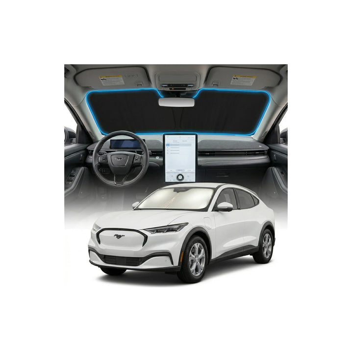 GLSBRCAO shade front view fitted on Mustang Mach-E windshield showing full coverage benefit
