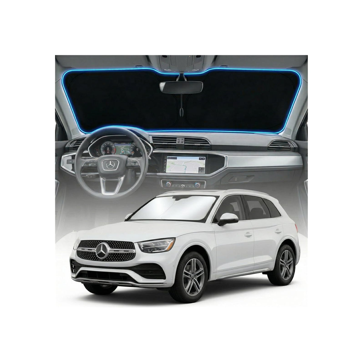 GLSBRCAO front view showing custom-fit sunshade on windshield reducing glare