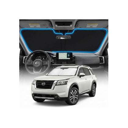 GLSBRCAO sun shade front view covering Pathfinder windshield for full heat reduction