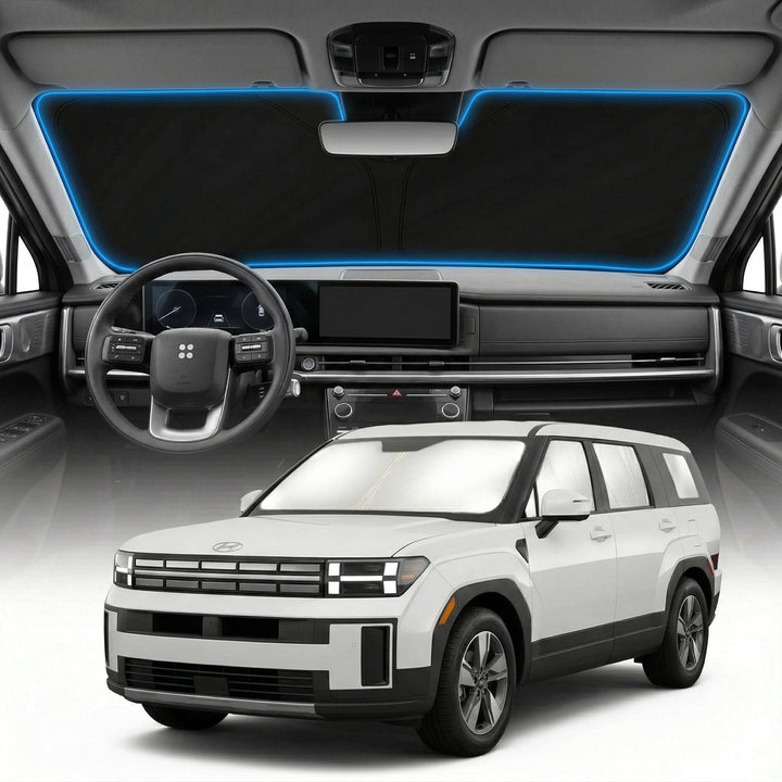 GLSBRCAO front view sun shade fitted on Santa Fe windshield reduces cabin heat