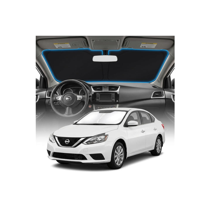 GLSBRCAO front view of Sentra sun shade showing full windshield protection and neat fit