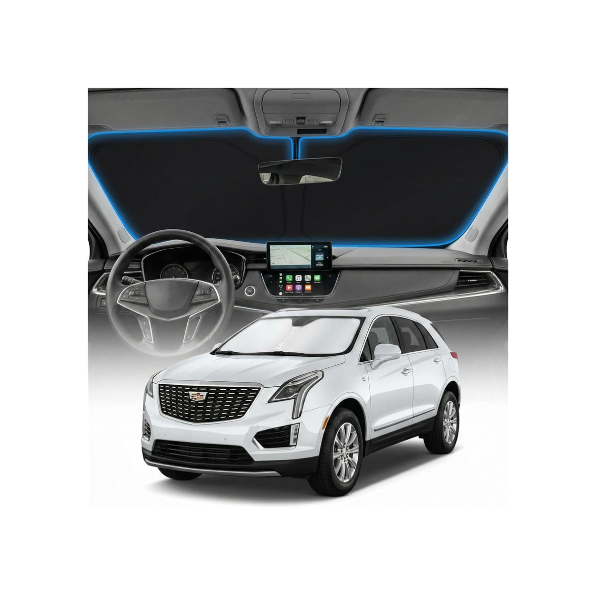 GLSBRCAO front view of XT5 sun shade showing perfect windshield fit and protection