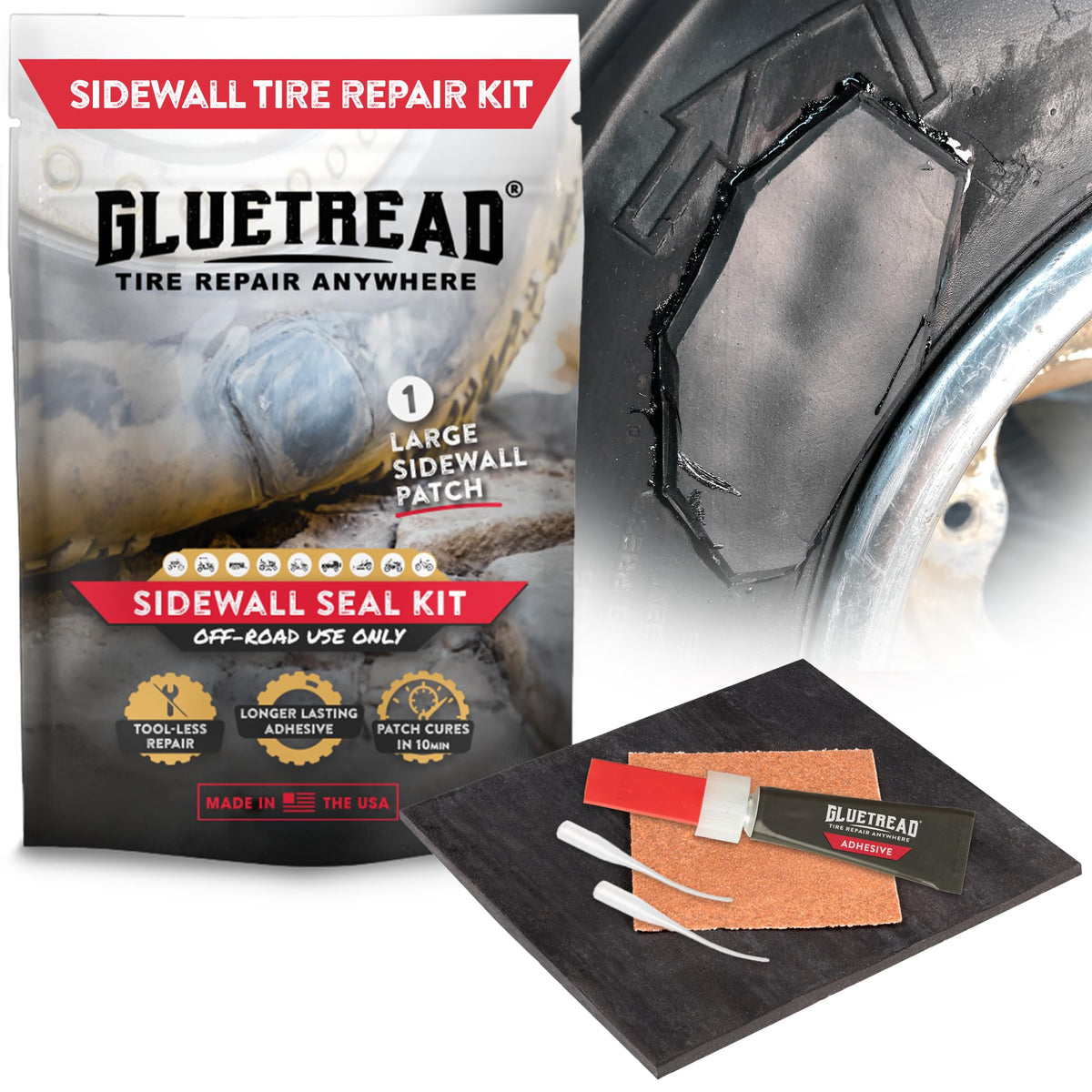 GlueTread front packaging showing kit contents and rugged usefulness