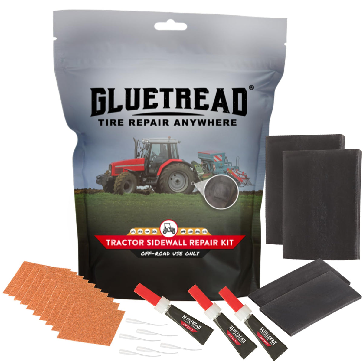 GlueTread front packaging showing kit contents and benefit of on-vehicle repairs
