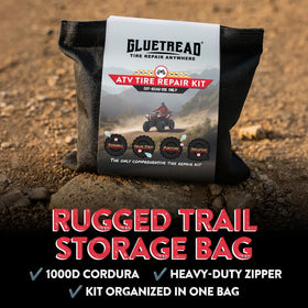 GlueTread kit staged on trail beside ATV showing emergency readiness benefit