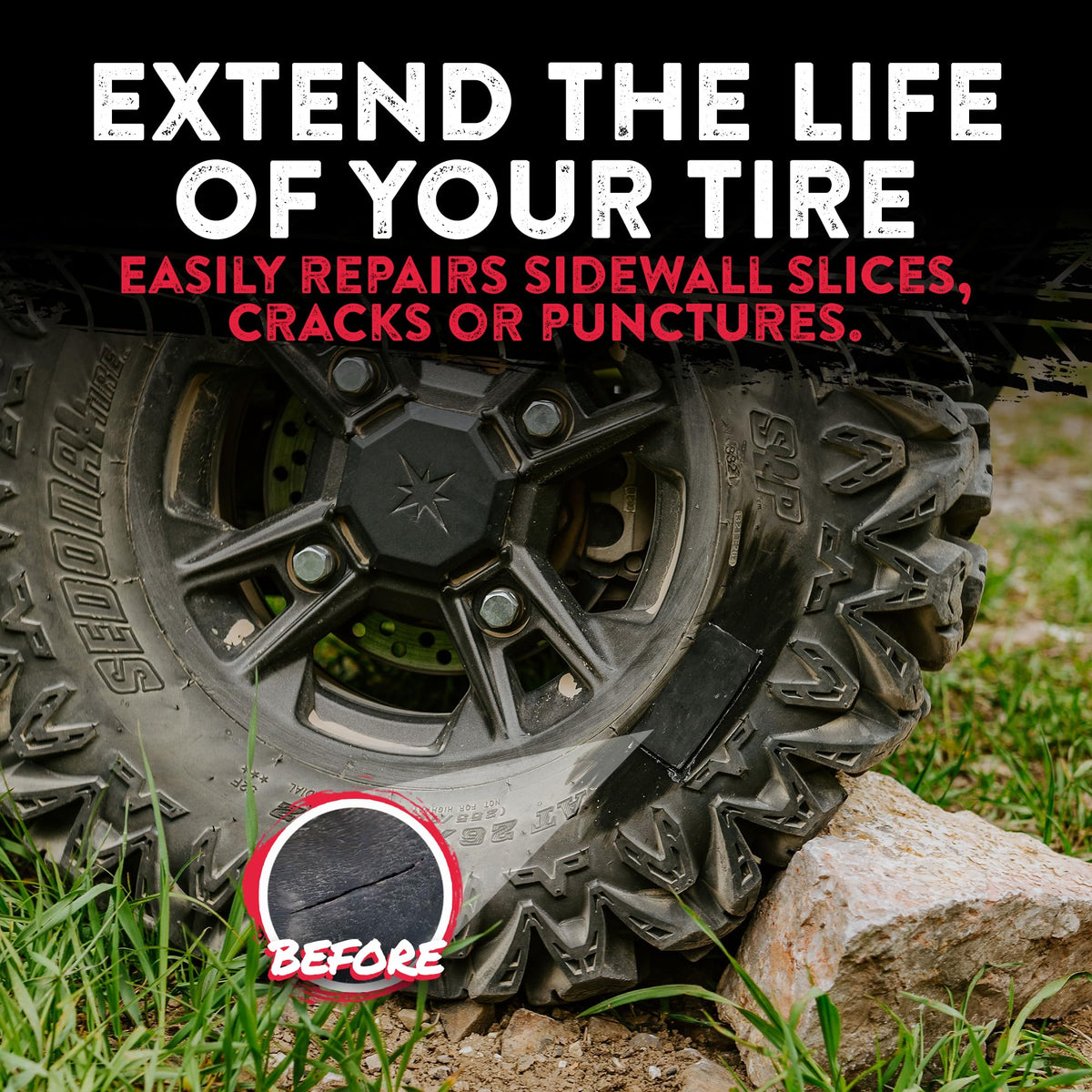 GlueTread repaired tire on muddy trail proving temporary reliability