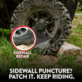 GlueTread being applied to UTV sidewall for trail-ready repair benefit