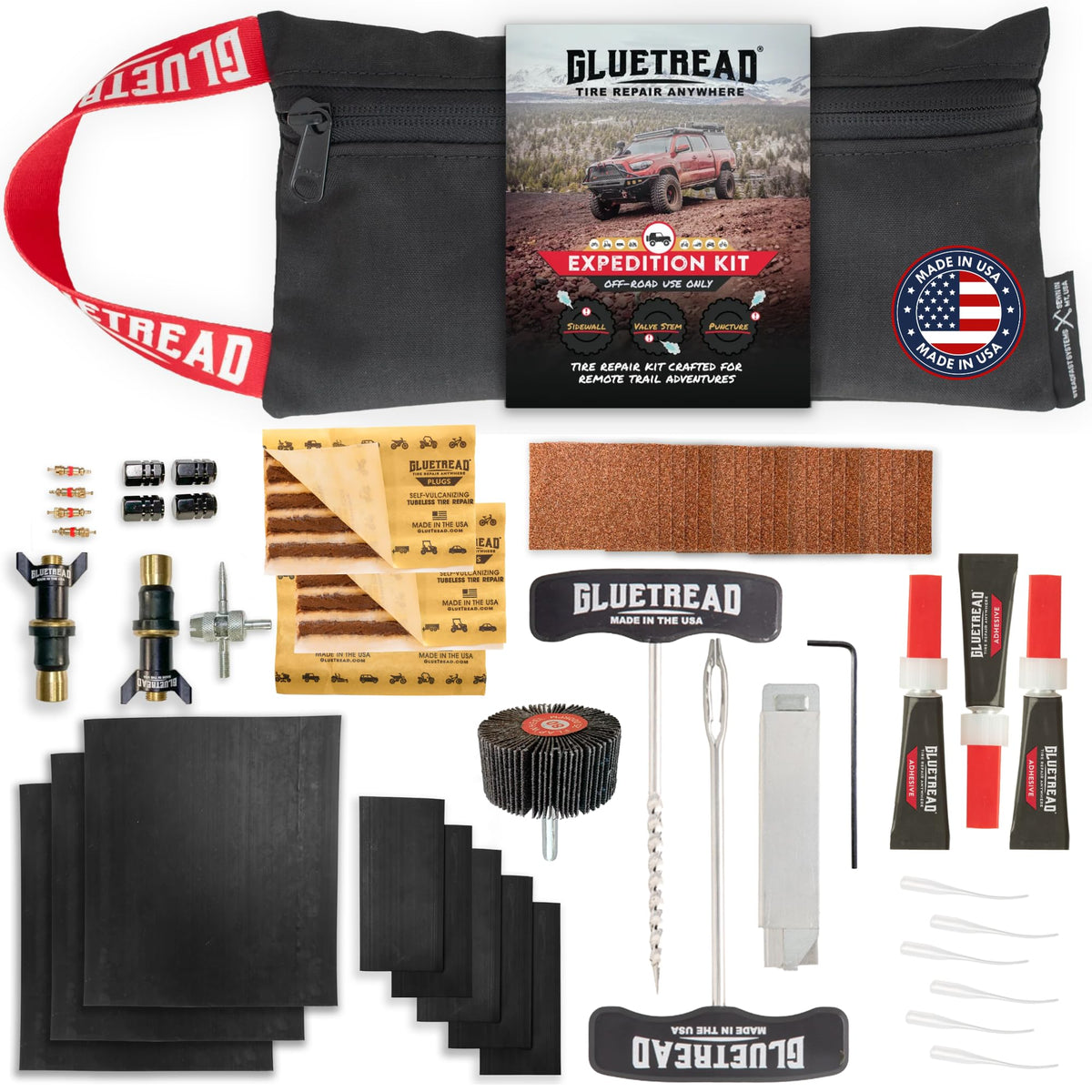 Gluetread front view kit layout showing all components for immediate repairs