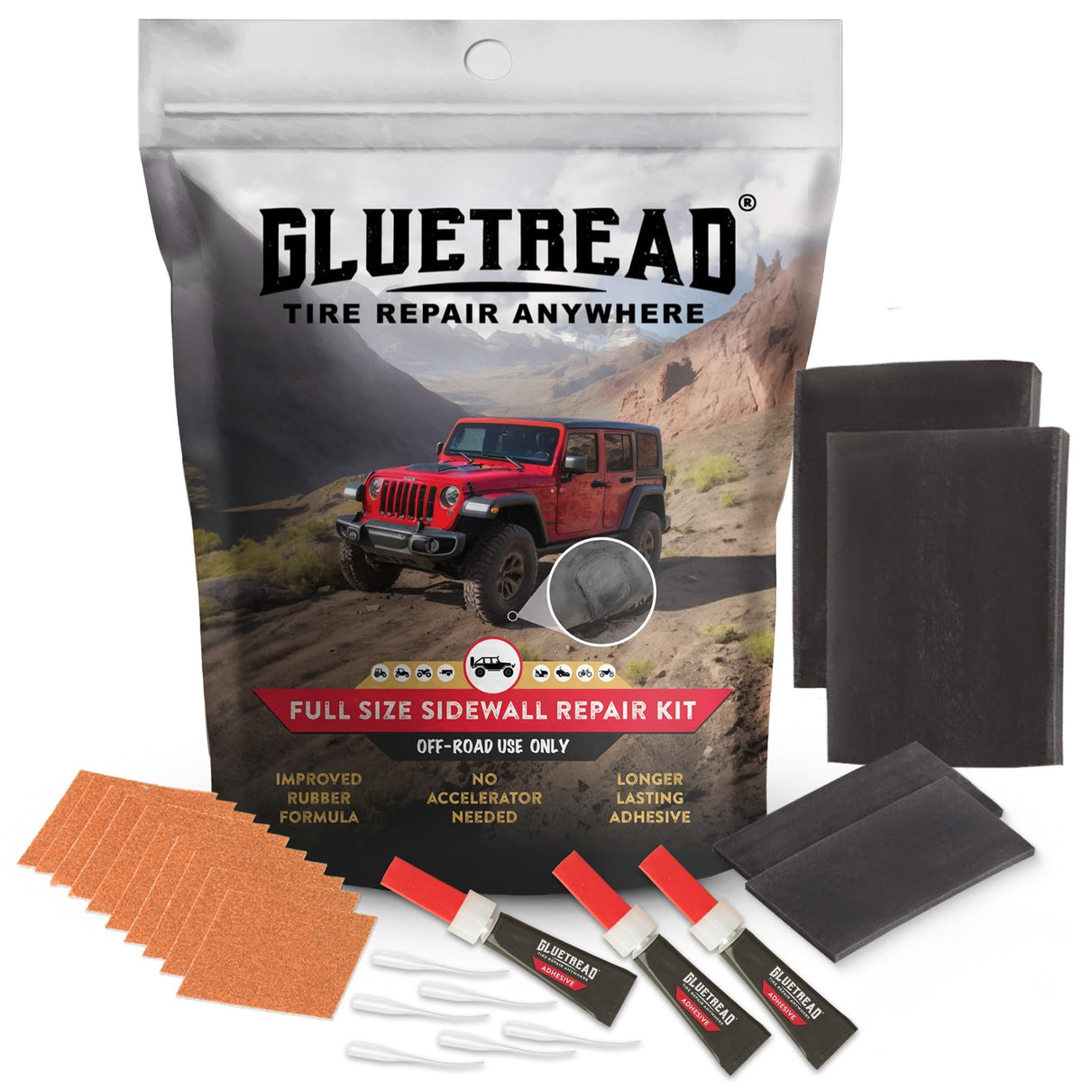 GlueTread front packaging view showing full kit and quick benefit