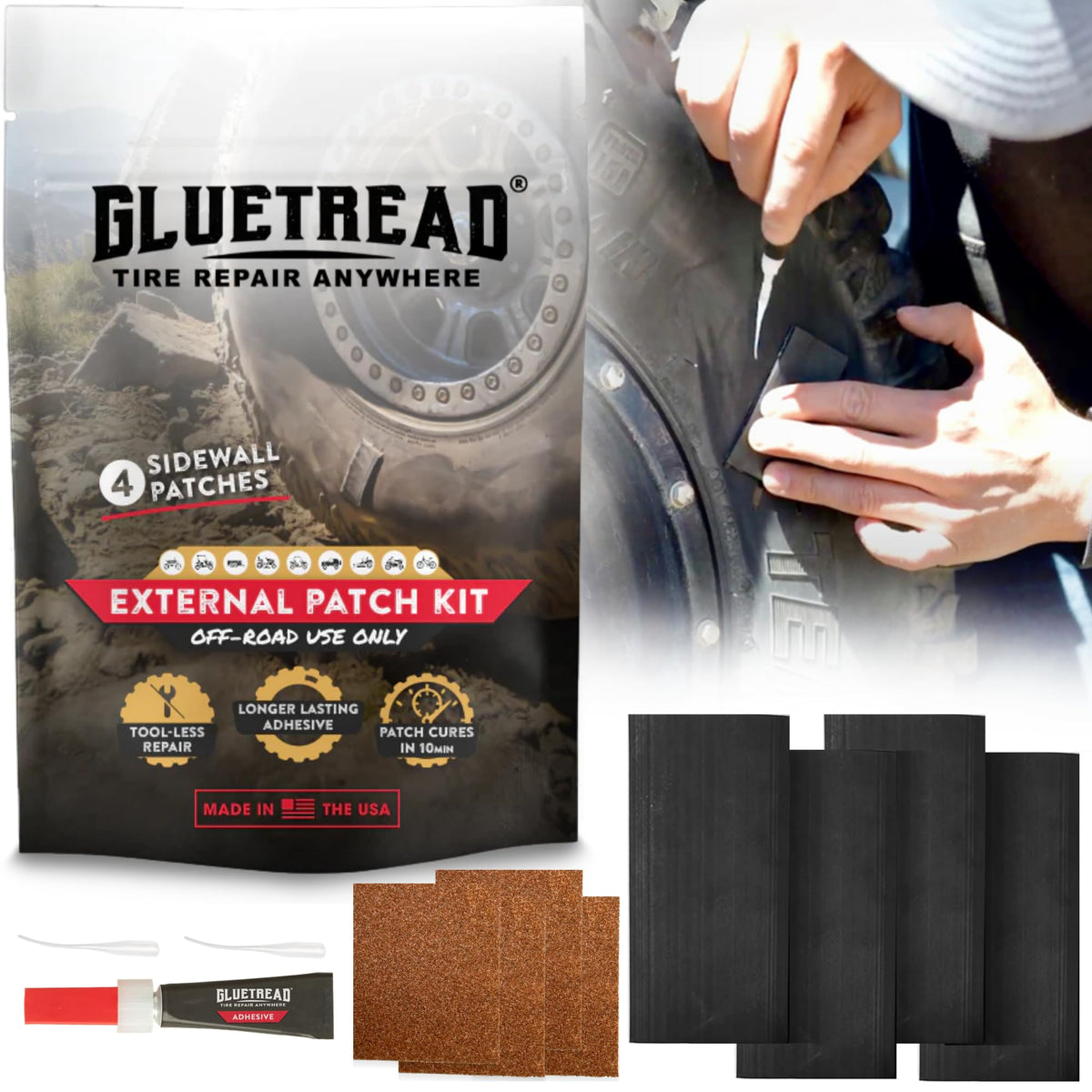 GlueTread front packaging showing kit compact convenience