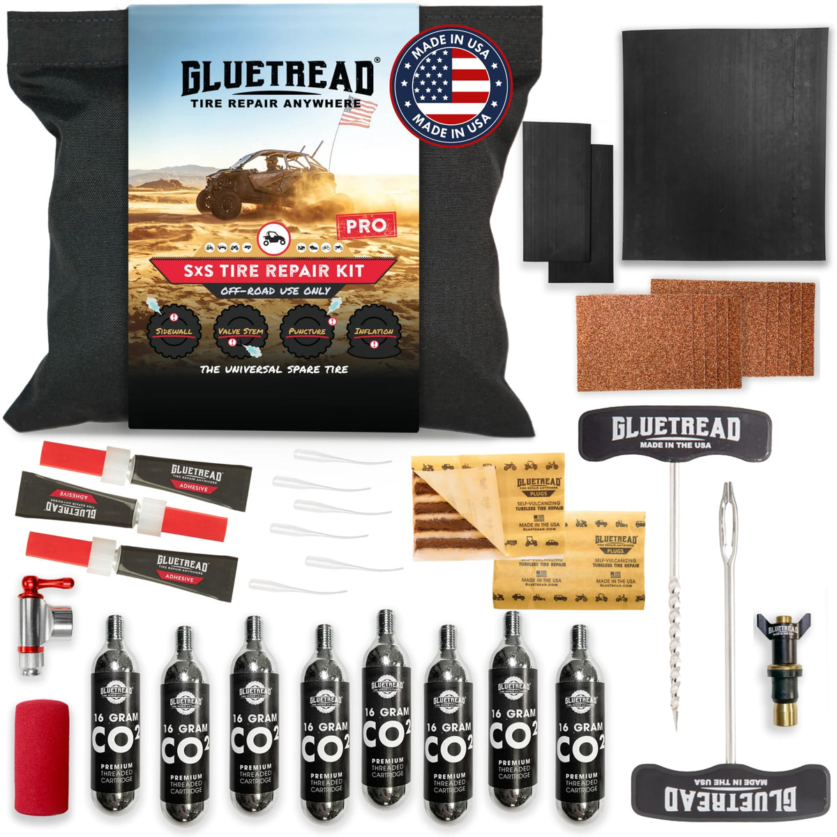 GLUETREAD front packaging showing full SxS Pro kit and contents for fast repairs