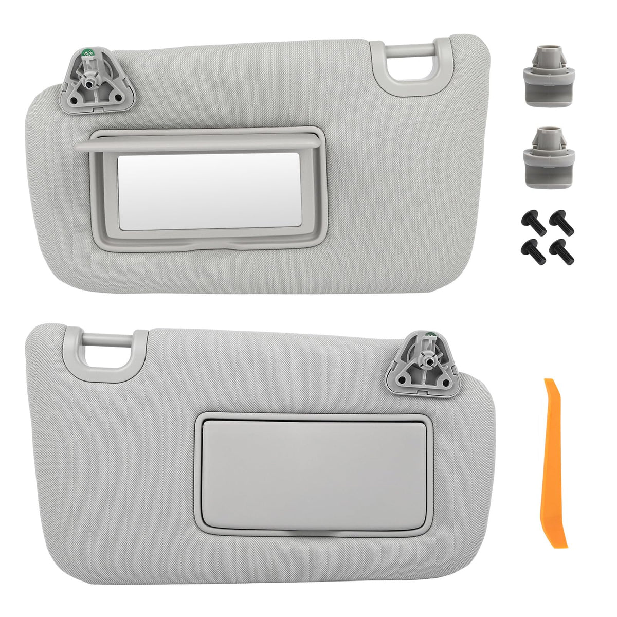 GlymXia front view of sun visor pair showing grey finish and OEM fit benefit