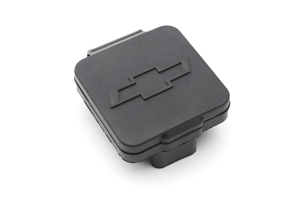 GM GENUINE PARTS front view of hitch receiver closeout showing fitted Bowtie logo and protection