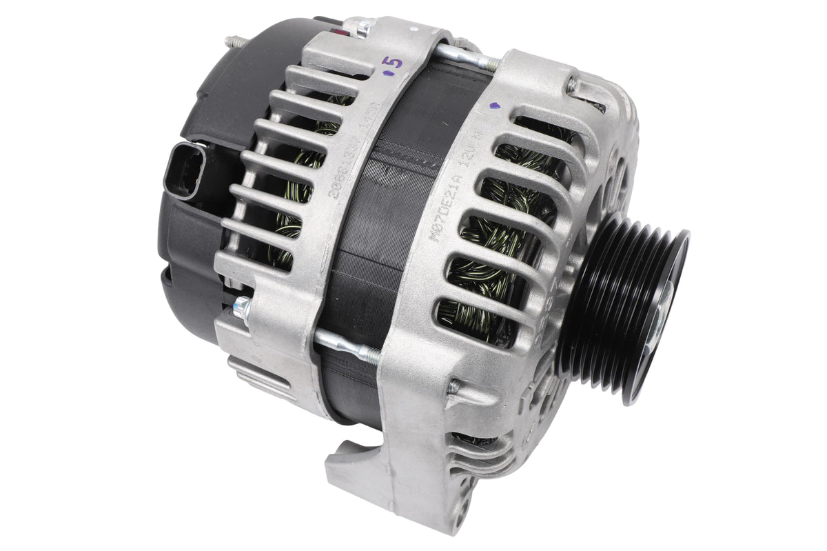 GM Genuine Parts alternator front view showing mounting and pulley for reliable fit