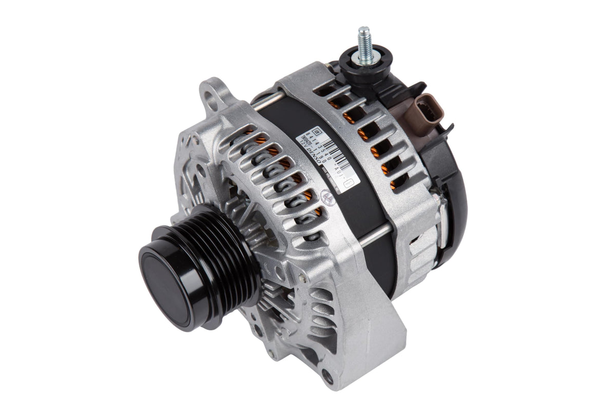 GM Genuine Parts alternator front view showing mounting and pulley, reliable replacement