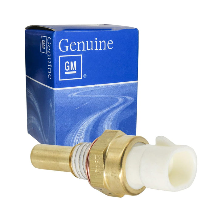 GM GENUINE PARTS front view of coolant temperature sensor showing exact OE fit and reliable replacement