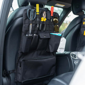 GMQ front view of seat-back organizer showing pockets and neat storage benefit