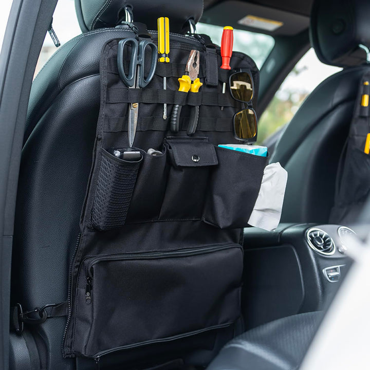 GMQ front view of seat-back organizer showing pockets and neat storage benefit