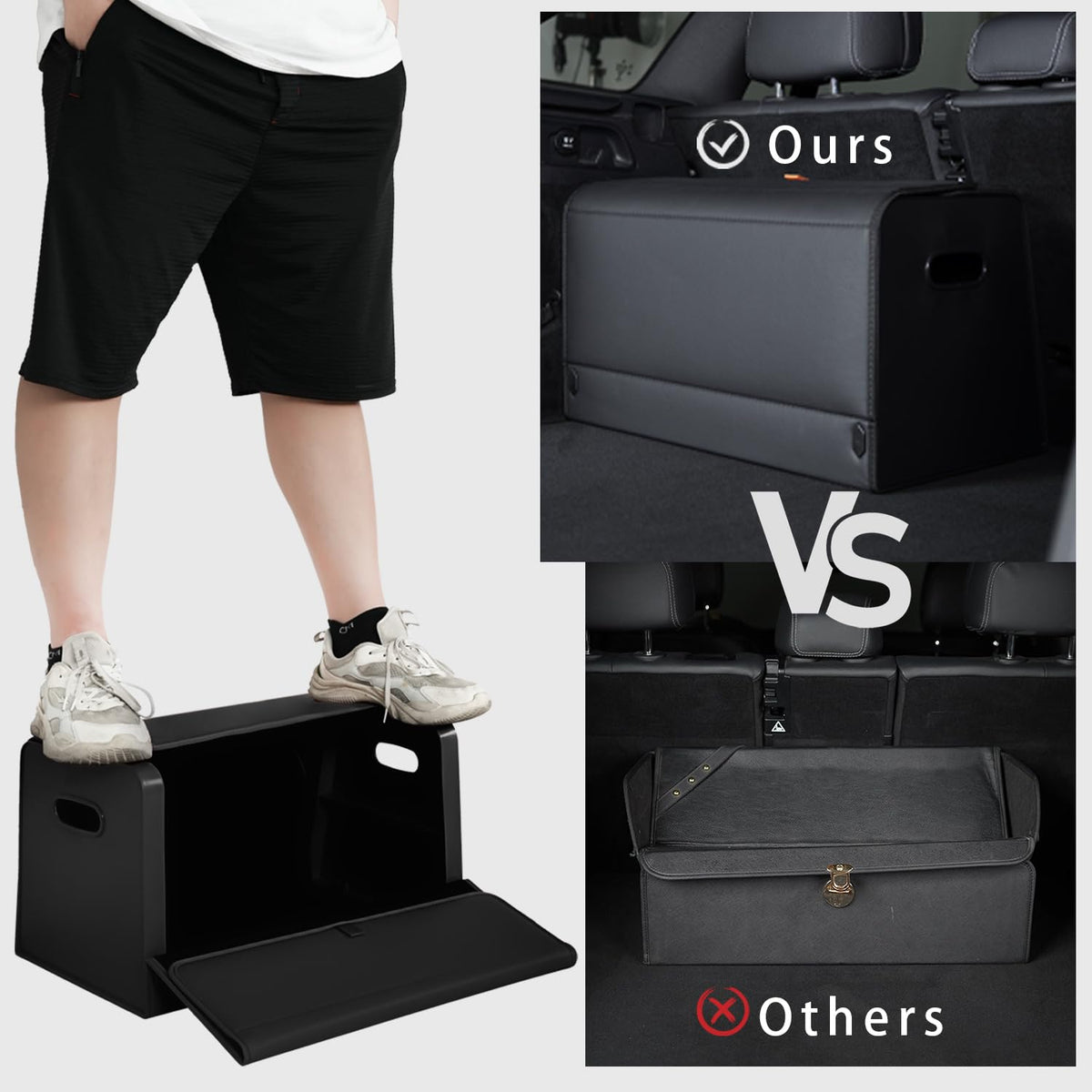 GMQ trunk organizer beside hands for scale showing true large internal capacity