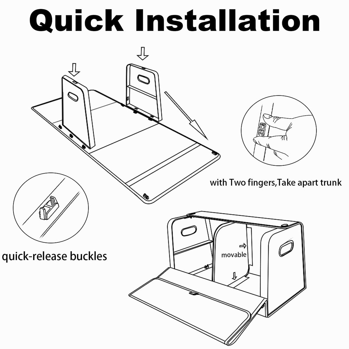 GMQ trunk organizer strap and buckle detail showing secure anti-slip attachment