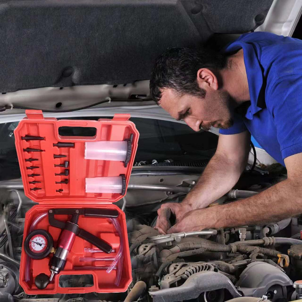 Gnhydxfe tool in use on a car caliper illustrating one-person bleeding convenience