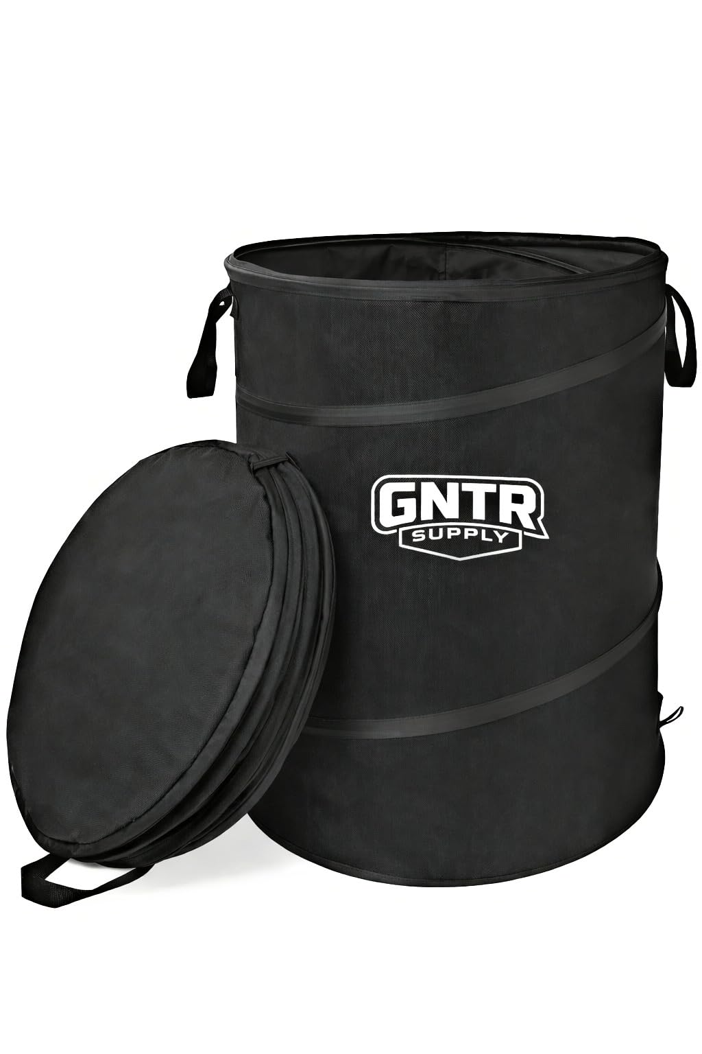 GNTR front view of open 30-gallon pop-up trash can showing capacity benefit