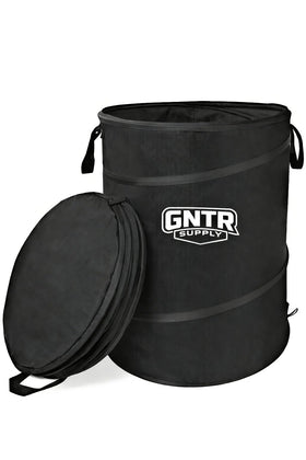 GNTR front view of open 30-gallon pop-up trash can showing capacity benefit