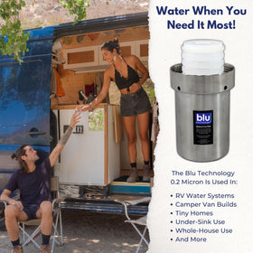 blu technology cartridges next to RV faucet showing compact 2.5x5 inch size for easy fitment