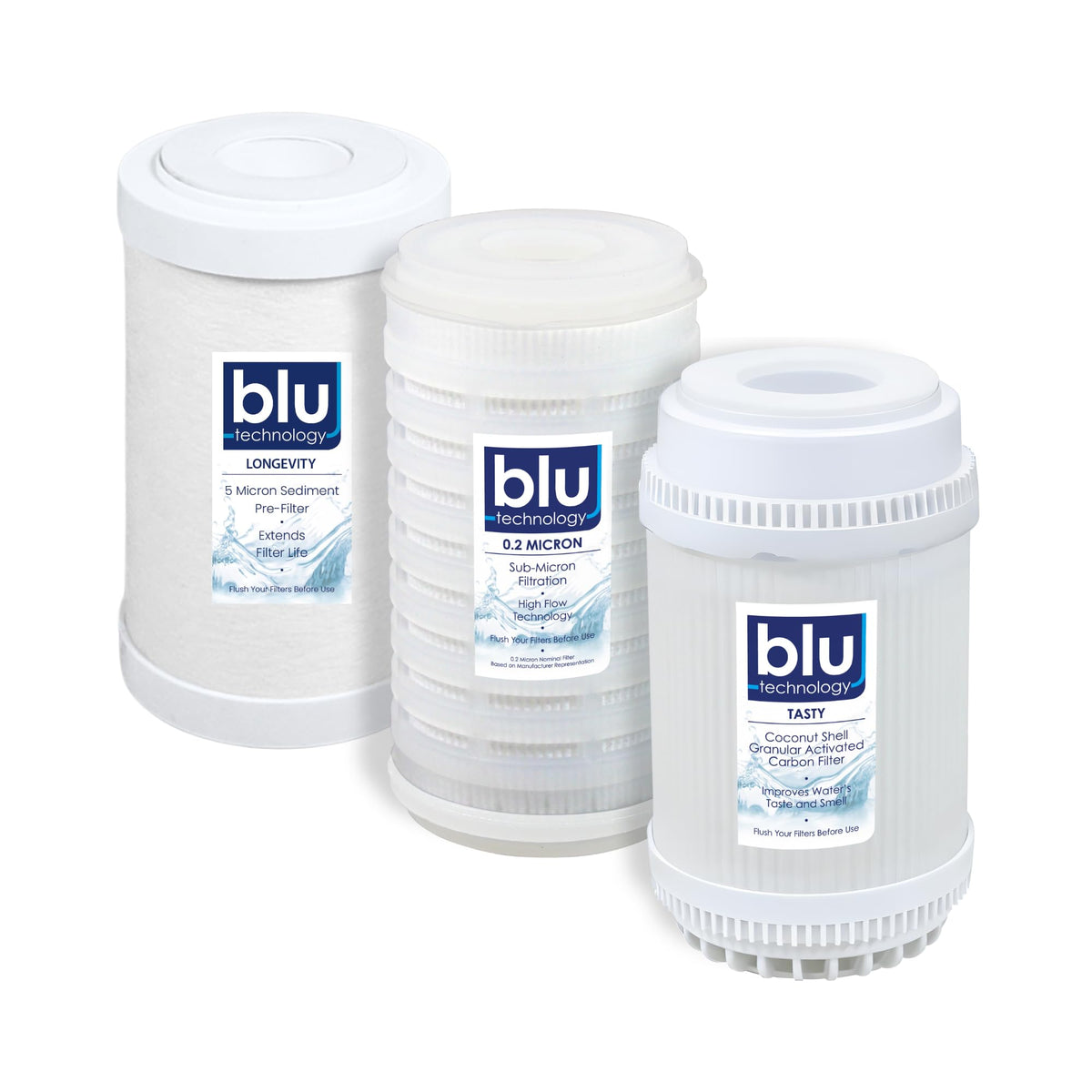 blu technology front pack view showing all three replacement cartridges and clear labeling benefit quick identification