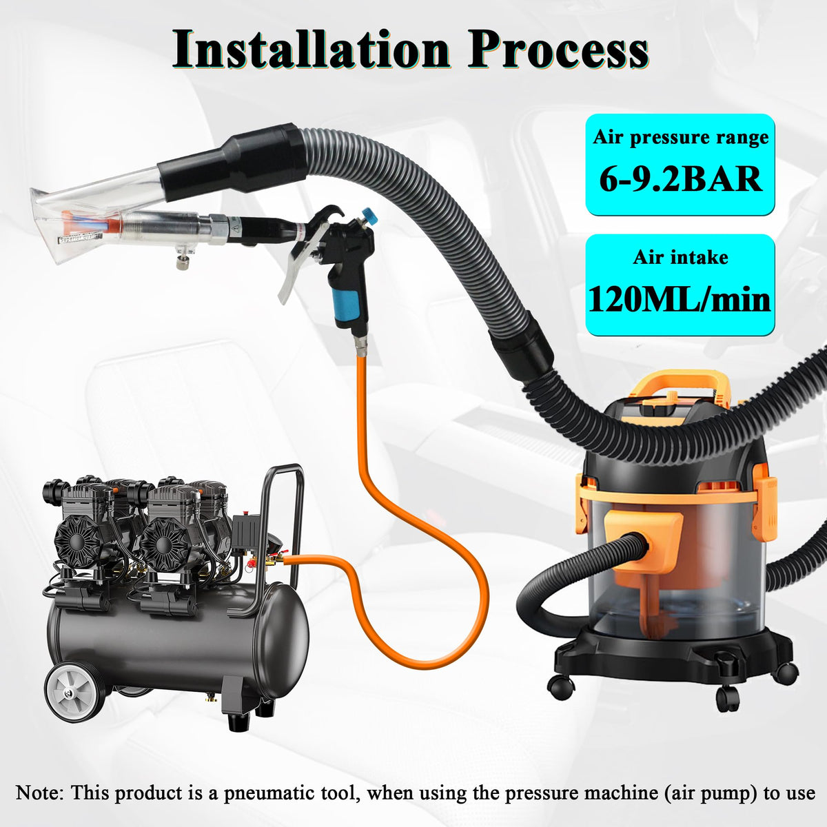 GOCCIDA accessory set with hoses and fittings displayed to show compatibility with compressors and vacuums